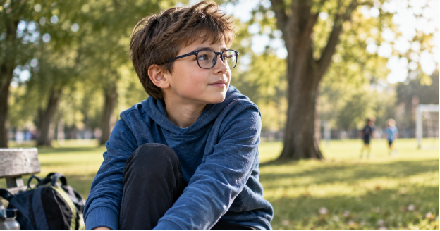 Child in glasses playing outdoors, one of the few habits shown to reduce myopia onset