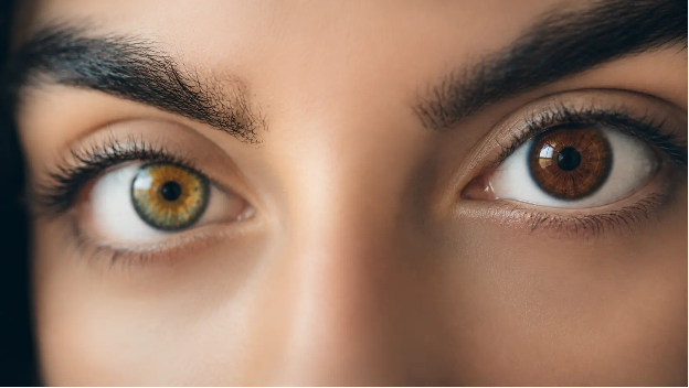 Close-up of a person's eyes showing heterochromia: left hazel-green eye, right brown eye, with dark eyebrows above them.