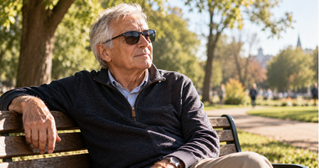 Older man wearing sunglasses outdoors, UV protection being one of the few modifiable cataract risk factors