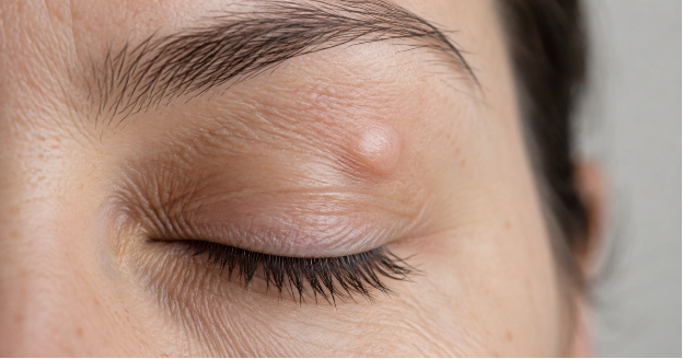 Close-up of a person&rsquo;s closed eye showing an inflamed pimple on the eyelid near the eyebrow.