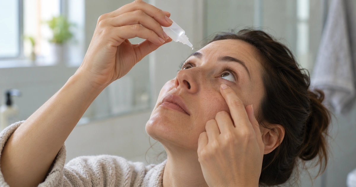 Woman tilting head back to squeeze eye drops from a bottle toward her eye in a bathroom setting