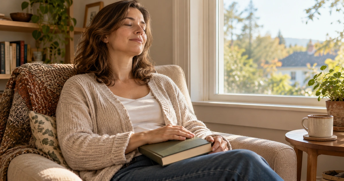 Woman relaxing on a beige sofa with a hardcover book on her lap, eyes closed as sun fills the room by a window.