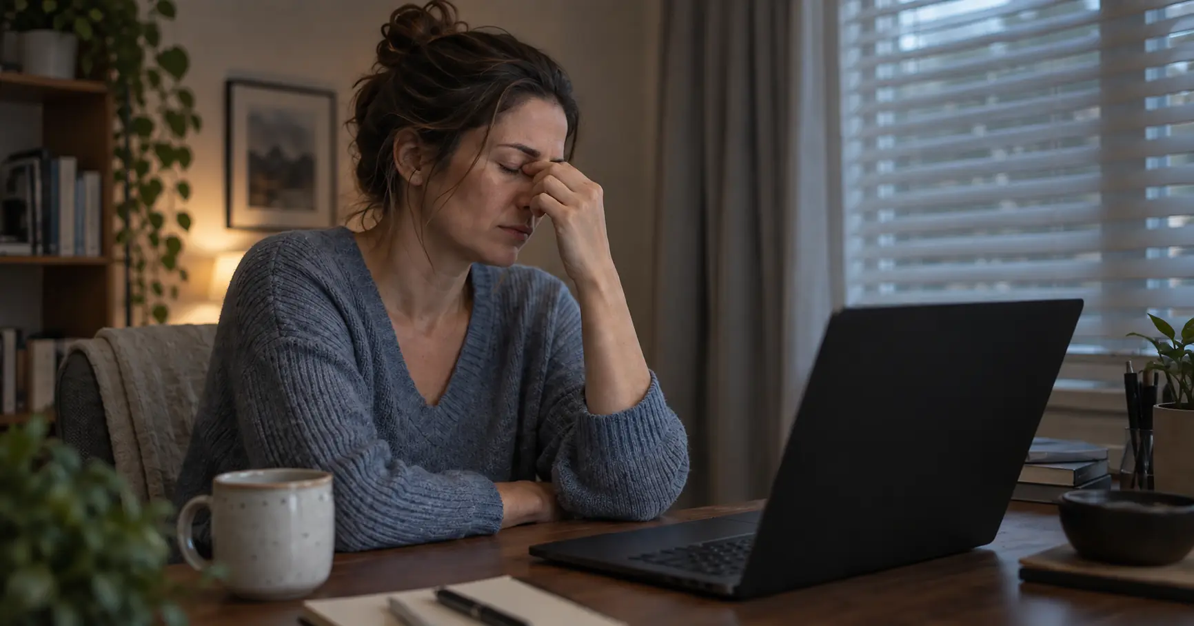 Woman with a headache resting her eyes after screen work