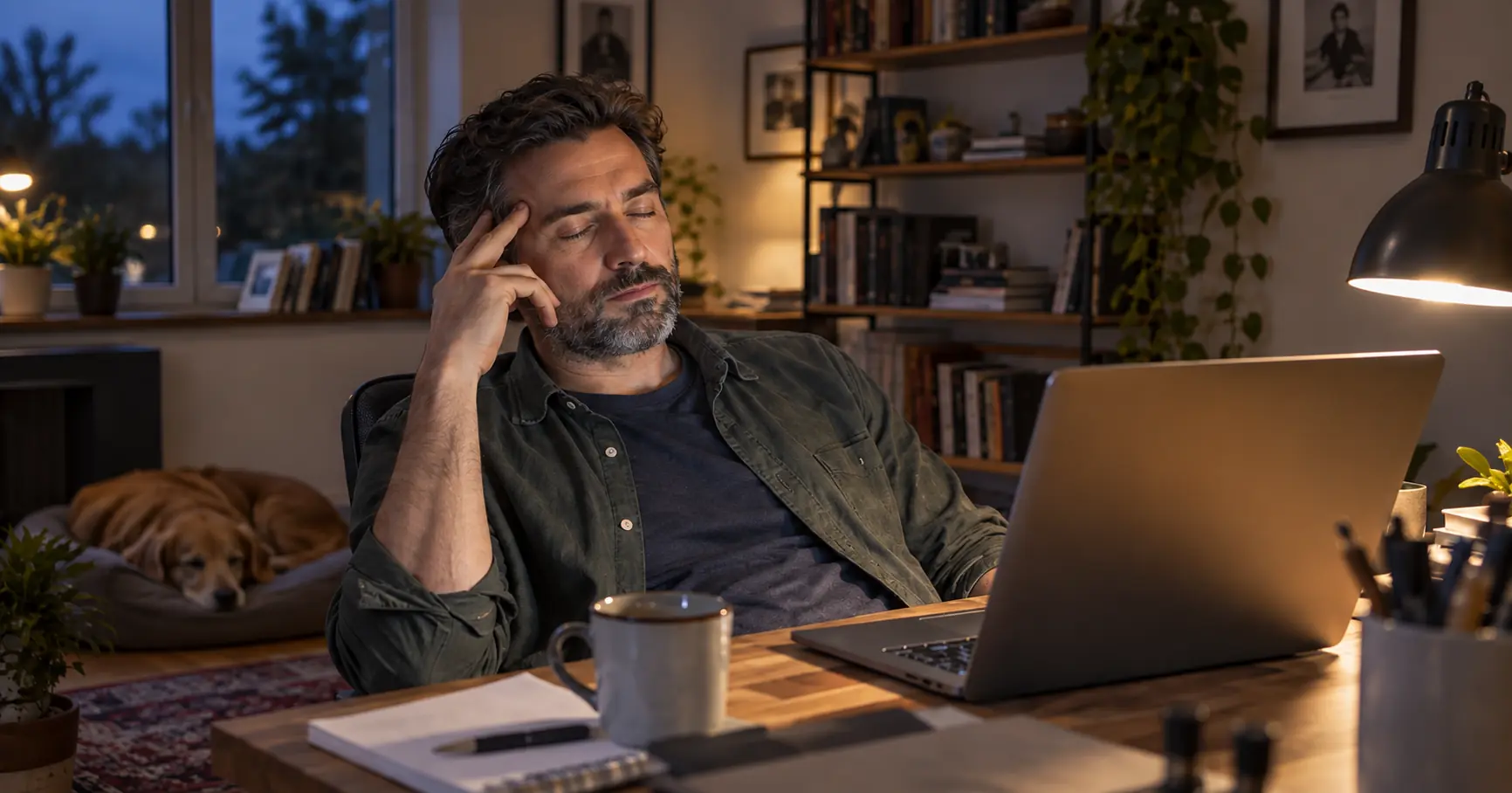 Man pausing from screen work as his vision blurs from dry eye