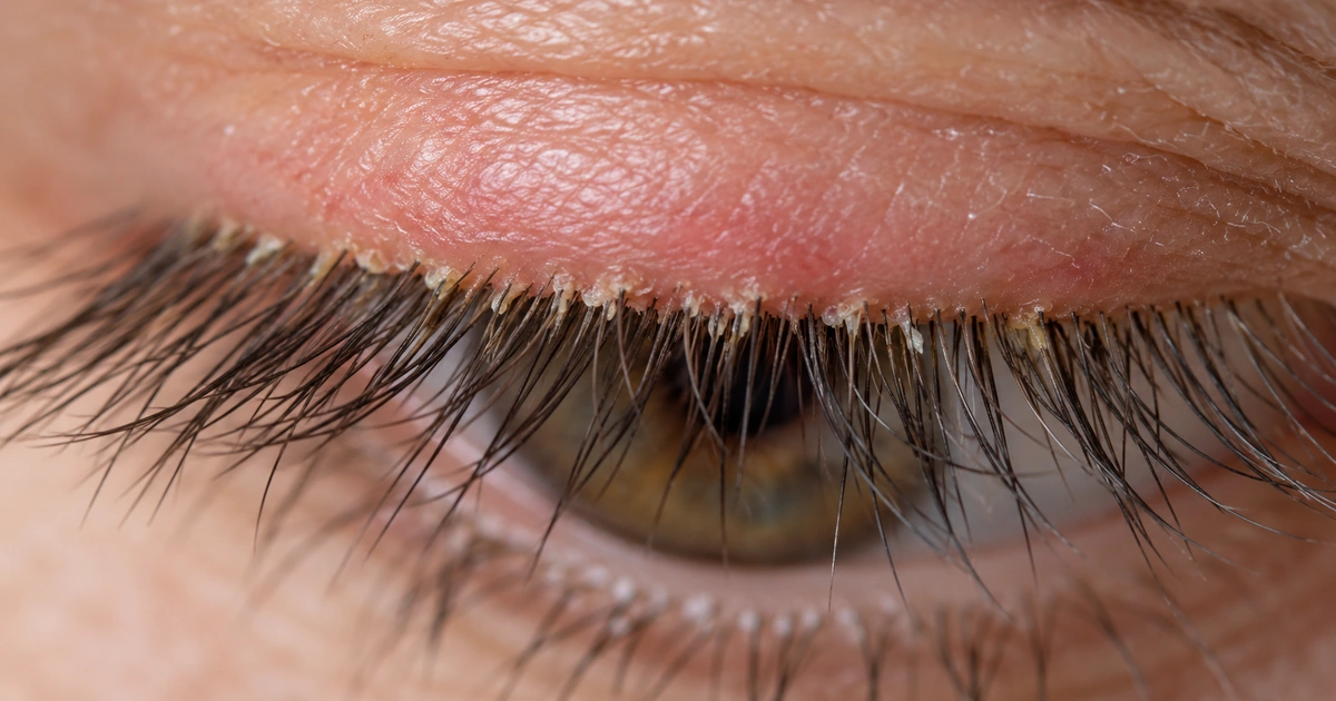 Close-up of a closed eye showing a red, irritated eyelid with crusty scales along the lash line and long eyelashes.