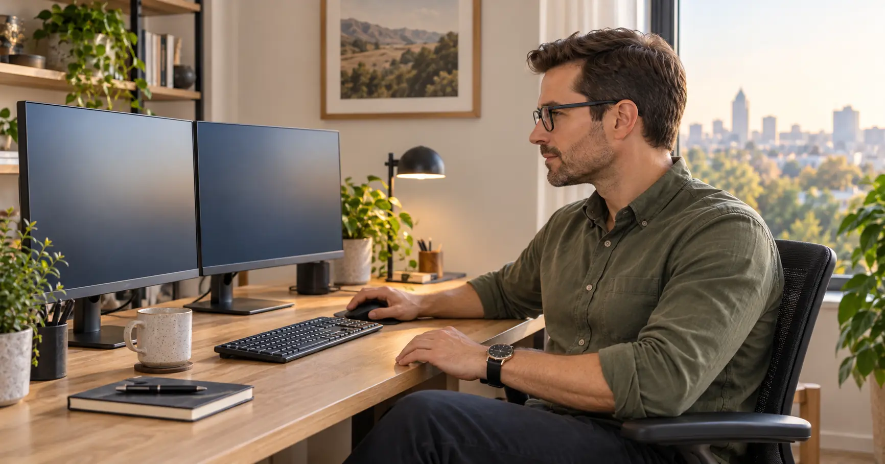 Office worker taking a distance break from his monitors to rest his eyes