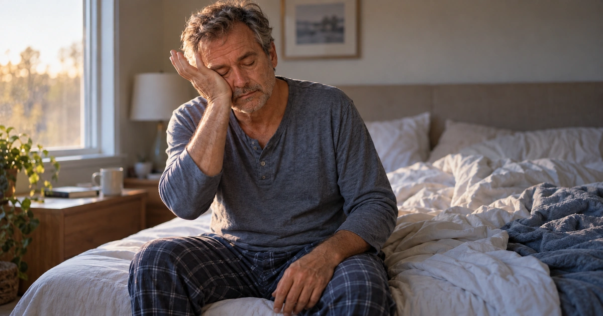Middle-aged man sits on a rumpled bed, resting his head on his hand, looking exhausted in a softly lit bedroom.