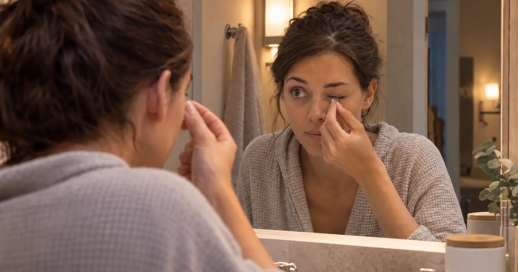Woman removing a contact lens at the end of a long day of wear