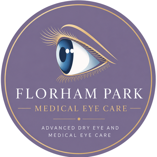 Florham Park Medical Eye Care logo: circular purple badge with a blue eye illustration and gold text accents