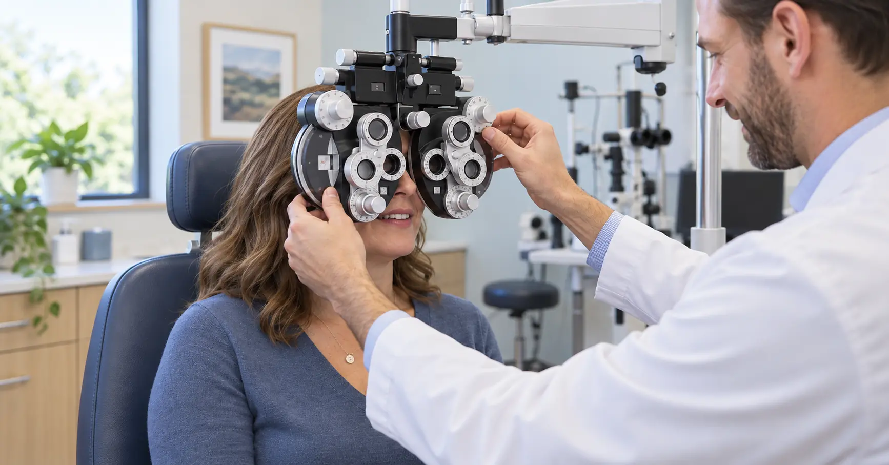 Patient having a refraction during a comprehensive eye exam