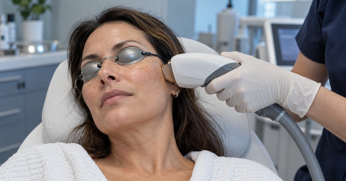 Woman receiving a facial laser treatment; she wears protective goggles while a clinician uses a handheld device on her cheek.