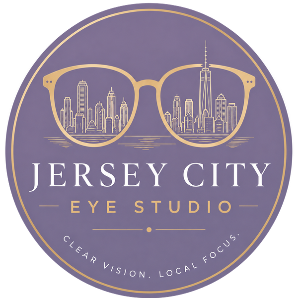 Logo for Jersey City Eye Studio with gold glasses over a purple circular badge and a skyline, reading 'Jersey City Eye Studio'