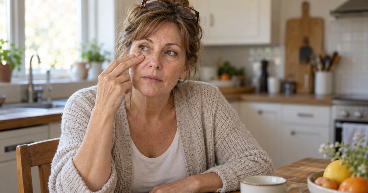 Woman sitting at a bright kitchen table, rubbing her eye and looking thoughtful or tired.