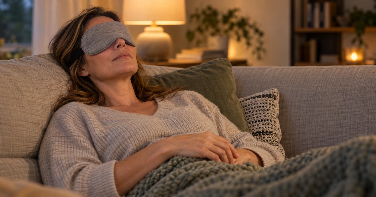 Woman relaxing on a sofa with a gray sleep mask, tucked in under a knitted blanket in a cozy, warmly lit living room.