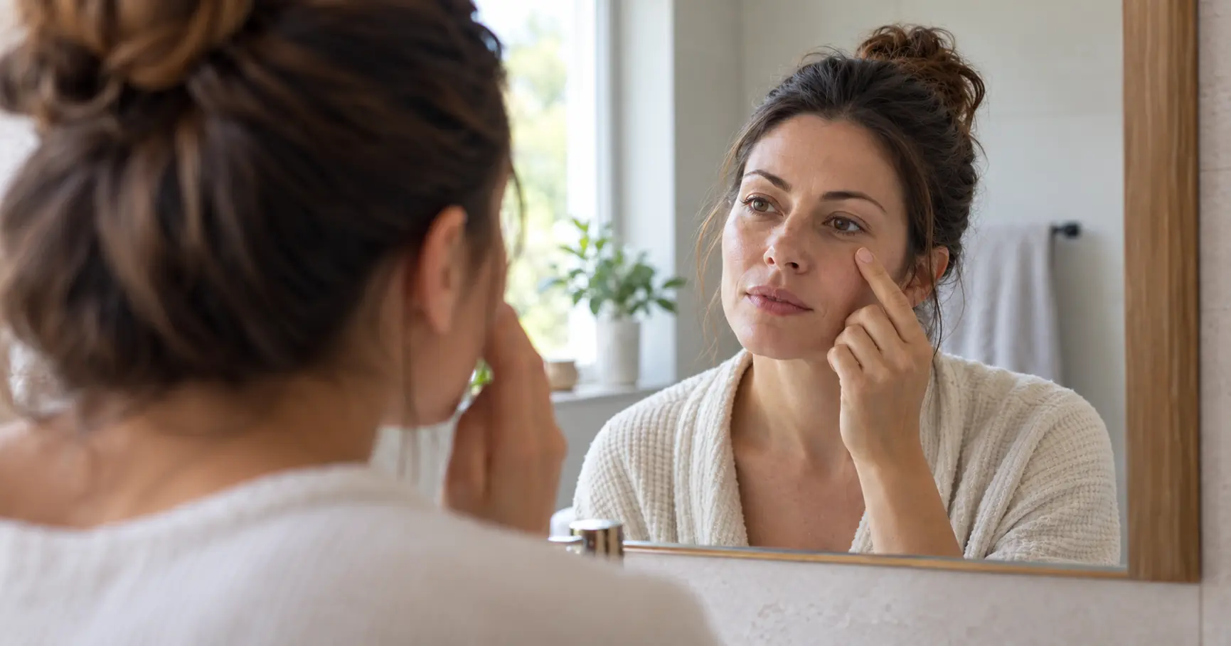 Woman examining dry, flaky skin on her eyelid in the mirror